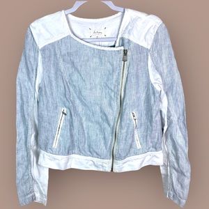 Lou & Grey Womens Linen Moto Jacket Sz M Blue White Stripe‎ Asymmetric Full Zip